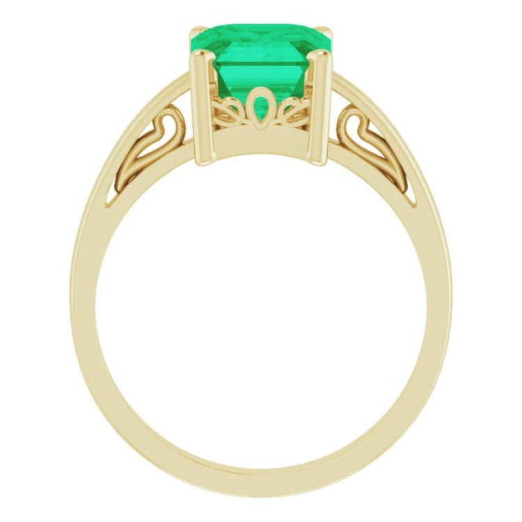 14K Yellow Lab-Grown Emerald Scroll Setting® Ring