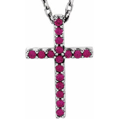 14K White Natural Ruby Petite Cross 16" Necklace