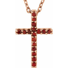 14K Rose Natural Mozambique Garnet Petite Cross 16" Necklace