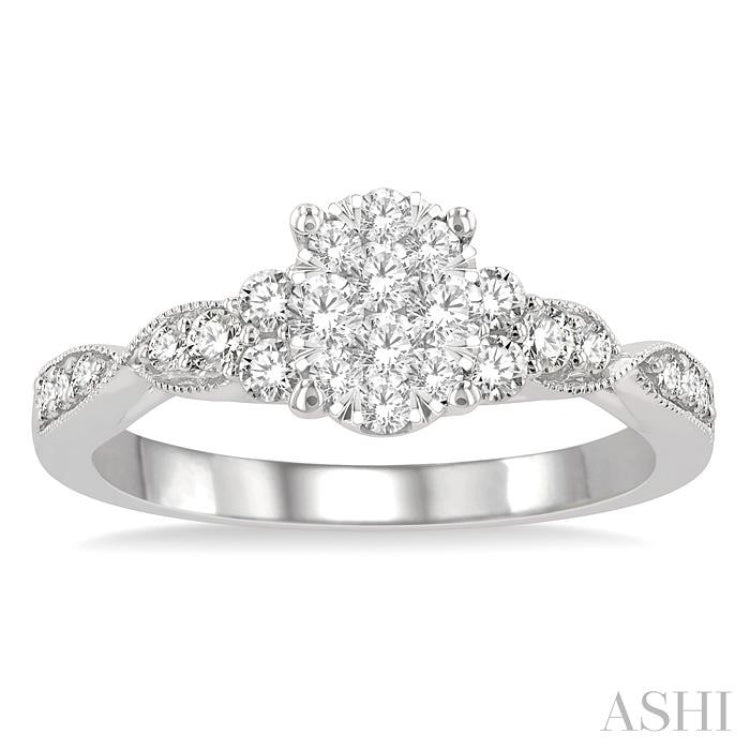 1/2 Ctw Oval Shape Center Criss-Cross Carved Shank Lovebright Round Cut Diamond Engagement Ring in 14K White Gold