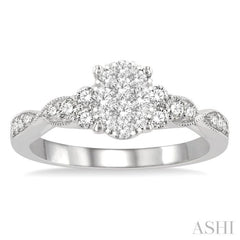 1/2 Ctw Oval Shape Center Criss-Cross Carved Shank Lovebright Round Cut Diamond Engagement Ring in 14K White Gold