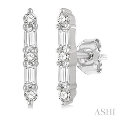 1/6 Ctw Solid Bar Baguette and Round Cut Diamond Petite Earring in 10K White Gold