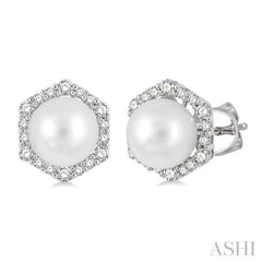7 MM Cultured Pearls and 1/3 Ctw Hexagon Shape Round Cut Diamond Earrings in 14K White Gold