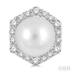 7 MM Cultured Pearls and 1/3 Ctw Hexagon Shape Round Cut Diamond Earrings in 14K White Gold