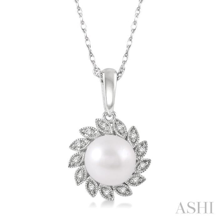 7x7 MM Round Shape Cultured Pearl and 1/10 Ctw Sunflower Round Cut Diamond Pendant With Chain in 10K White Gold