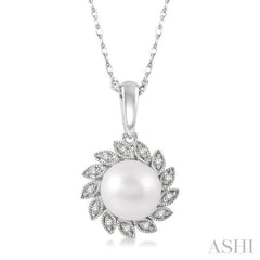 7x7 MM Round Shape Cultured Pearl and 1/10 Ctw Sunflower Round Cut Diamond Pendant With Chain in 10K White Gold