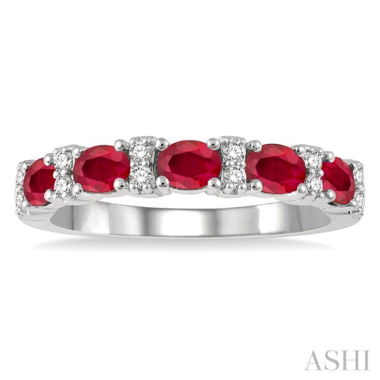 4x3 MM Oval Shape Ruby and 1/6 Ctw Round Cut Diamond Precious Band in 14K White Gold
