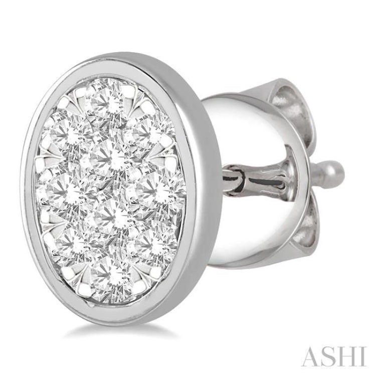 1/3 Ctw Oval Shape Lovebright Round Cut Diamond Bezel Stud Earring in 14K White Gold