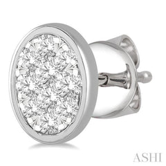1/3 Ctw Oval Shape Lovebright Round Cut Diamond Bezel Stud Earring in 14K White Gold