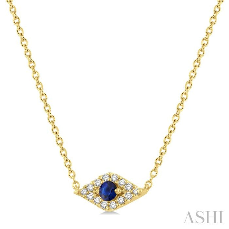 2.60 MM Round Cut Sapphire and 1/10 Ctw Evil Eye Round Cut Diamond Precious Petite Fashion Pendant With Chain in 10K Yellow Gold