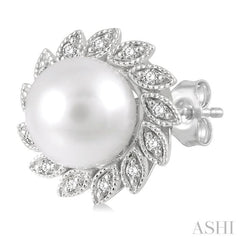 6x6 MM Round Shape Cultured Pearls and 1/10 Ctw Sunflower Round Cut Diamond Earrings in 10K White Gold