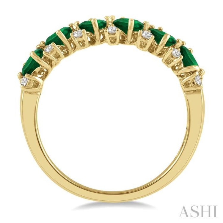 4x3 MM Oval Shape Emerald and 1/5 Ctw Round Cut Diamond Precious Band in 14K Yellow Gold