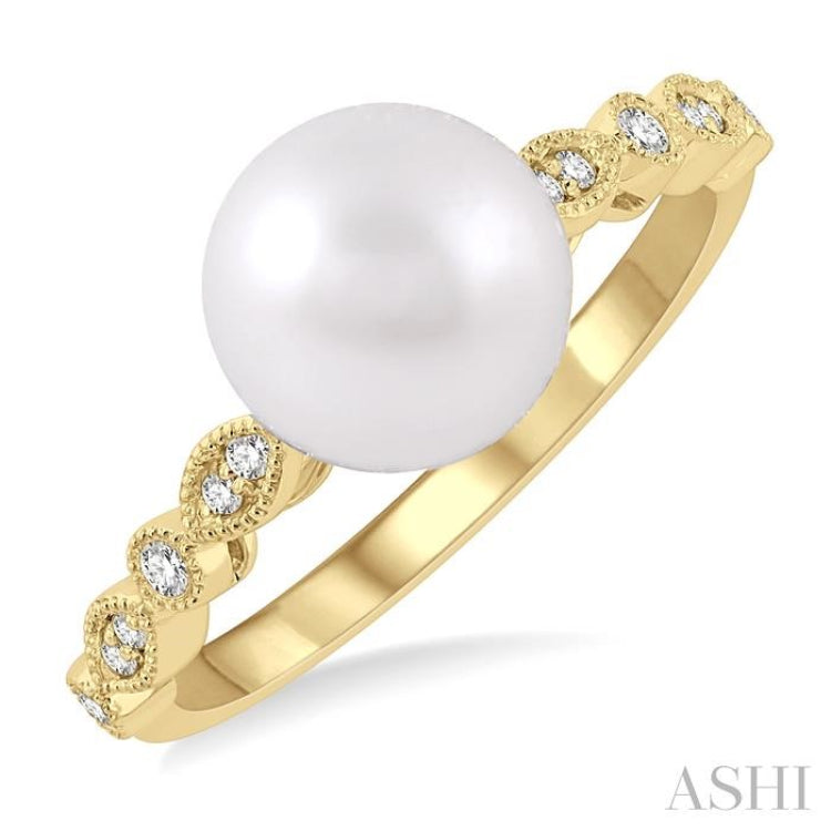 8 MM Cultured Pearl and 1/10 Ctw Round Cut Diamond Ring in 14K Yellow Gold