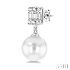 6 MM Cultured Pearls and 1/10 Ctw Baguette and Single Cut Diamond Earrings in 14K White Gold
