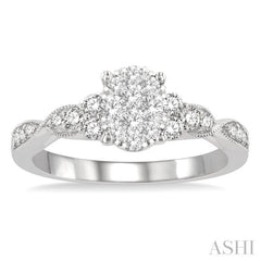 1/2 Ctw Oval Shape Center Criss-Cross Carved Shank Lovebright Round Cut Diamond Engagement Ring in 14K White Gold