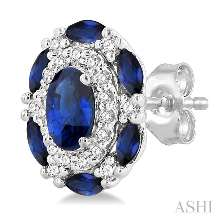 5x3 MM Oval Cut and 3X1.5 MM Marquise Cut Sapphire and 1/5 Ctw Round Cut Diamond Precious Earring in 14K White Gold