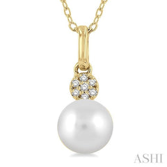 6 MM Round Shape Cultured Pearl and 1/50 Ctw Round Cut Diamond Petite Fashion Pendant With Chain in 10K Yellow Gold