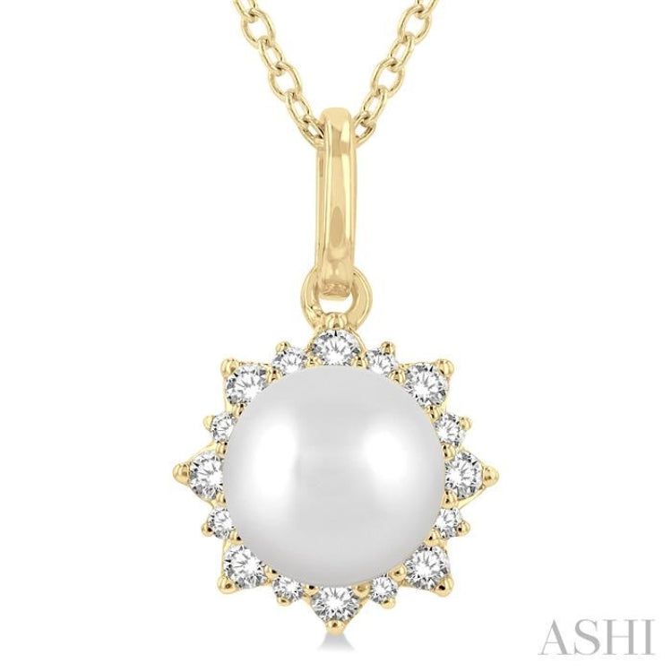 6 MM Round Shape Cultured Pearl and 1/10 Ctw Petite Sun Round Cut Diamond Fashion Pendant With Chain in 10K Yellow Gold