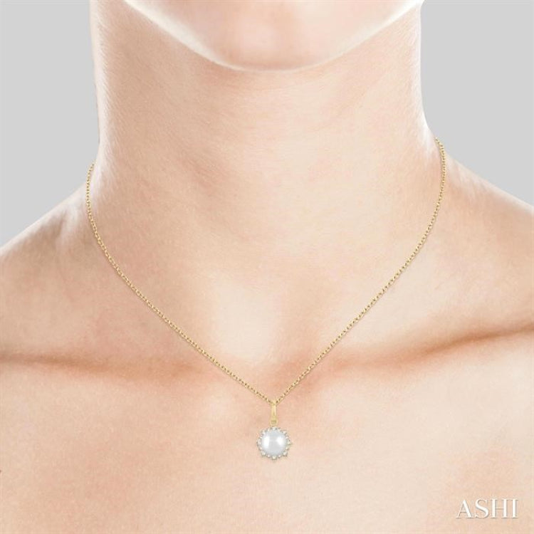 6 MM Round Shape Cultured Pearl and 1/10 Ctw Petite Sun Round Cut Diamond Fashion Pendant With Chain in 10K Yellow Gold
