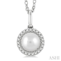 6 MM Round Shape Cultured Pearl and 1/20 Ctw Petite Round Cut Diamond Halo Fashion Pendant With Chain in 10K White Gold