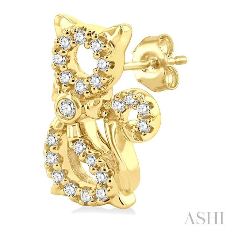 1/8 Ctw Petite Cat Motif Round Cut Diamond Fashion Stud Earring in 10K Yellow Gold