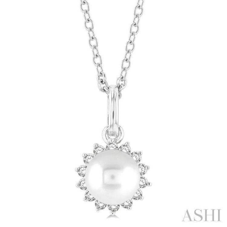 6 MM Round Shape Cultured Pearl and 1/10 Ctw Petite Round Cut Diamond Fashion Pendant With Chain in 10K White Gold