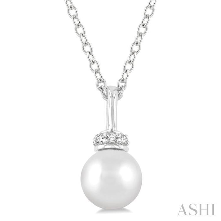 6 MM Round Shape Cultured Pearl and 1/20 Ctw Petite Round Cut Diamond Crown Fashion Pendant With Chain in 10K White Gold