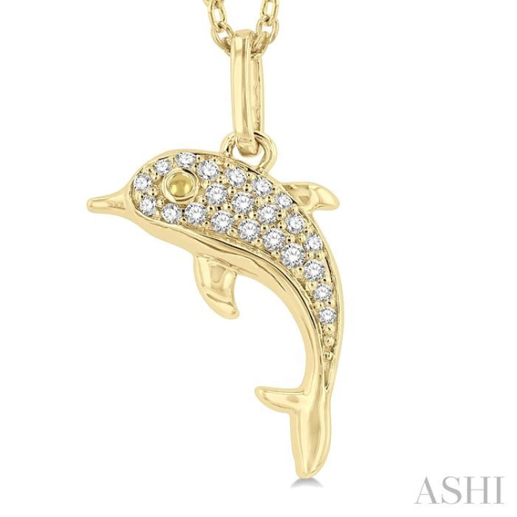 1/10 Ctw Petite Nautical Dolphin Round Cut Diamond Fashion Pendant With Chain in 10K Yellow Gold