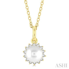 6 MM Round Shape Cultured Pearl and 1/10 Ctw Petite Round Cut Diamond Fashion Pendant With Chain in 10K Yellow Gold