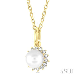 6 MM Round Shape Cultured Pearl and 1/10 Ctw Petite Round Cut Diamond Fashion Pendant With Chain in 10K Yellow Gold