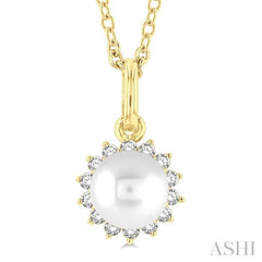 6 MM Round Shape Cultured Pearl and 1/10 Ctw Petite Round Cut Diamond Fashion Pendant With Chain in 10K Yellow Gold
