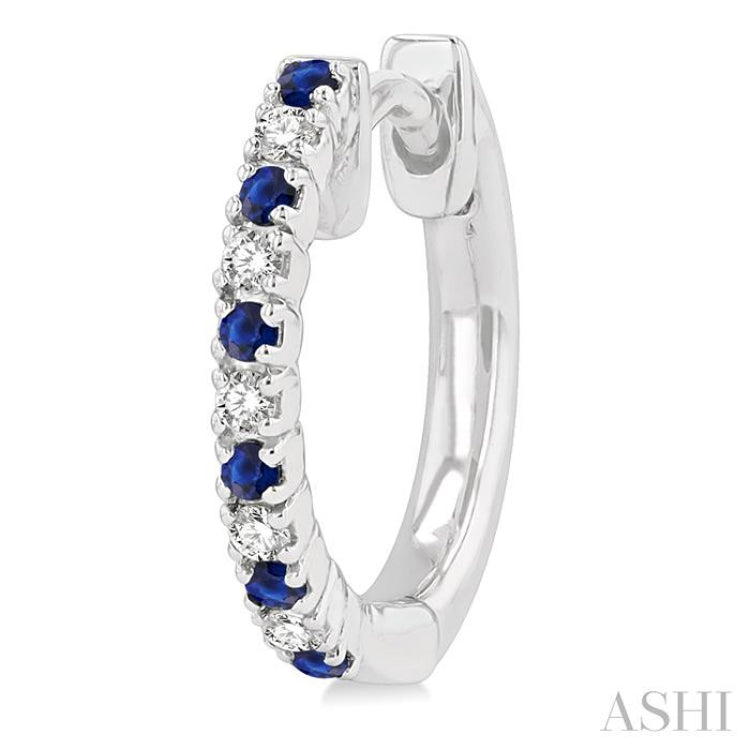 1.35 MM Round Shape Sapphire and 1/10 Ctw Petite Round Cut Diamond Precious Fashion Huggies in 10K White Gold