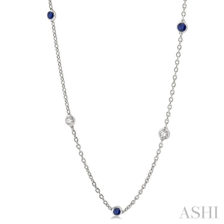 2.85 MM Sapphire and 1/2 Ctw Round Cut Diamond Precious Station Necklace in 14K White Gold