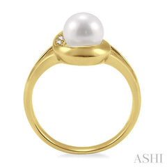 6.5 MM Round Shape Cultured Pearl and 1/20 Ctw Round Cut Diamond Ring in 10K Yellow Gold