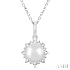 6 MM Round Shape Cultured Pearl and 1/10 Ctw Petite Sun Round Cut Diamond Fashion Pendant With Chain in 10K White Gold