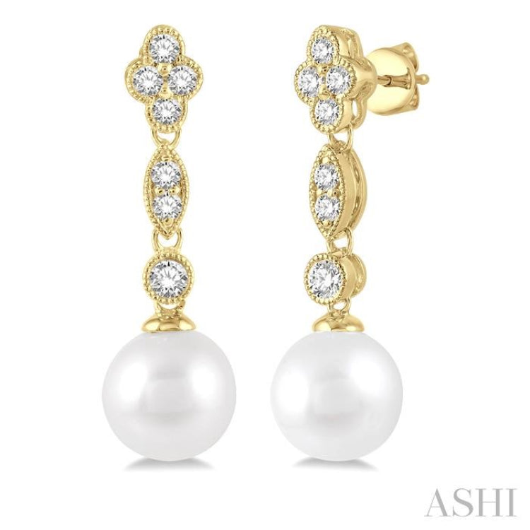 7 MM Cultured Pearls and 1/3 Ctw Round Cut Diamond Drop Earrings in 14K Yellow Gold