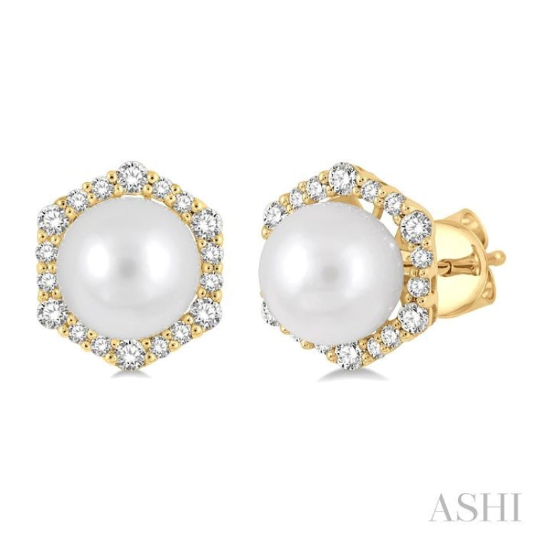7 MM Cultured Pearls and 1/3 Ctw Hexagon Shape Round Cut Diamond Earrings in 14K Yellow Gold