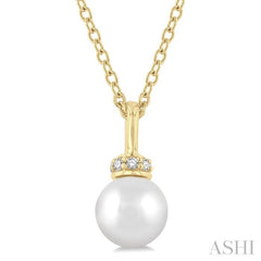 6 MM Round Shape Cultured Pearl and 1/20 Ctw Petite Round Cut Diamond Crown Fashion Pendant With Chain in 10K Yellow Gold
