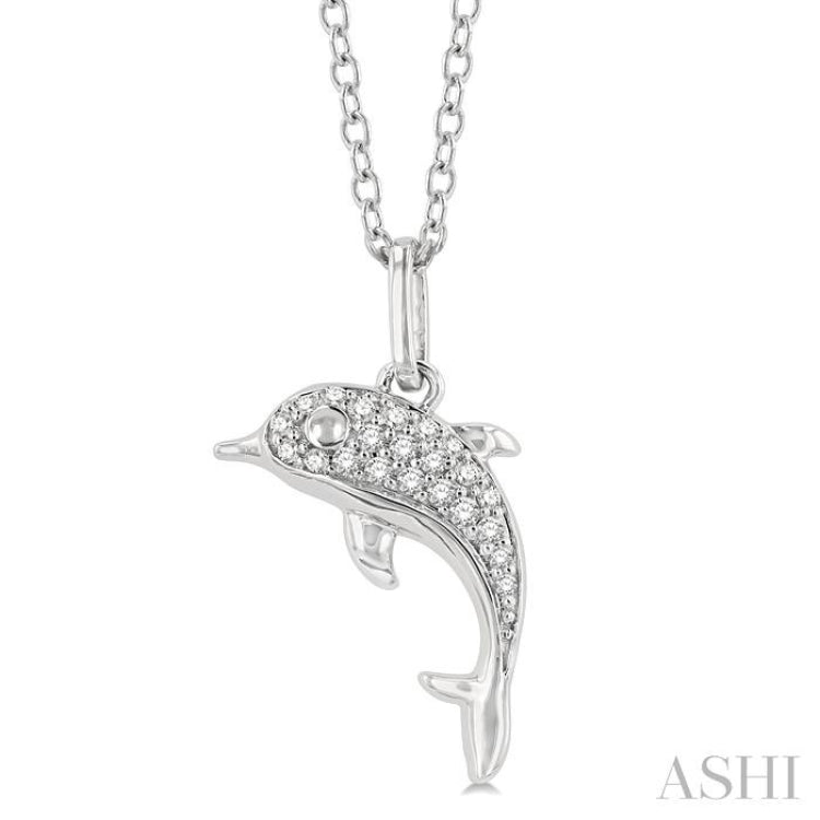 1/10 Ctw Petite Nautical Dolphin Round Cut Diamond Fashion Pendant With Chain in 10K White Gold