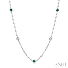 2.85 MM Emerald and 1/2 Ctw Round Cut Diamond Precious Station Necklace in 14K White Gold
