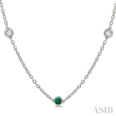 2.85 MM Emerald and 1/2 Ctw Round Cut Diamond Precious Station Necklace in 14K White Gold