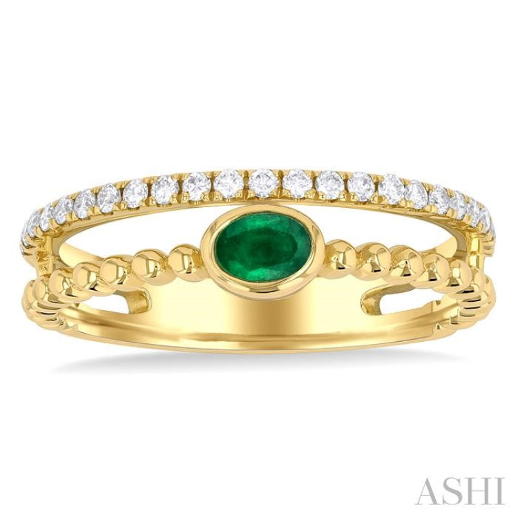 4x3 MM Oval Shape Emerald and 1/5 Ctw Single Cut Diamonds Precious Fashion Split Twin Ring in 10K Yellow Gold