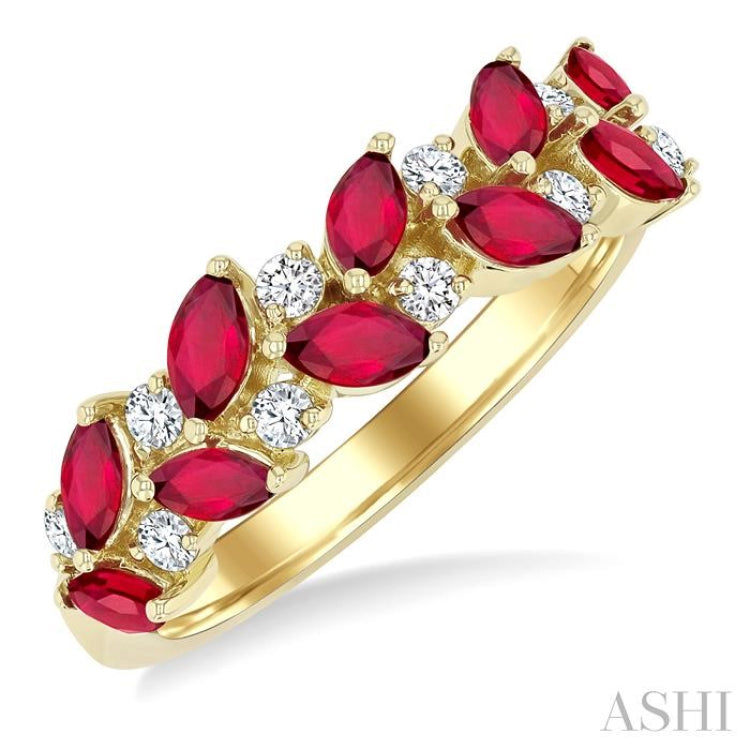 4X2 MM Leafy Marquise Cut Ruby and 1/5 Ctw Round Cut Diamond Precious Band in 14K Yellow Gold