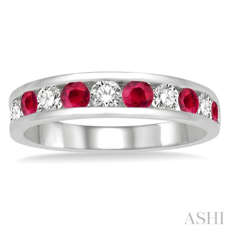 2.9 MM Ruby and 1/2 Ctw Round Cut Diamond Precious Wedding Band in 14K White Gold