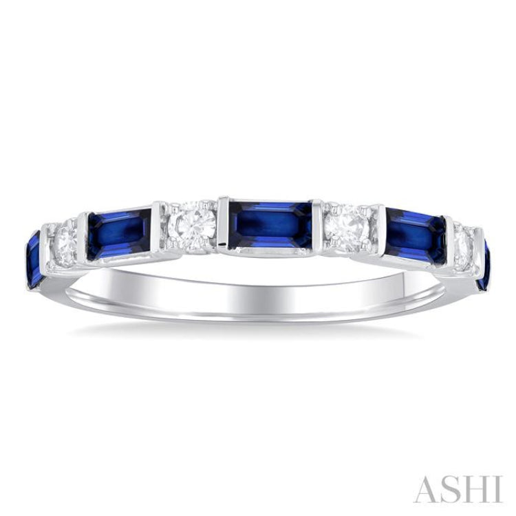 4X2 MM Baguette Cut Sapphire and 1/5 Ctw Art Deco Round Cut Diamond Precious Band in 14K White Gold