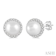 5.5 MM Round Shape Cultured Pearls and 1/8 Ctw Petite Round Cut Diamond Halo Fashion Stud Earring in 10K White Gold