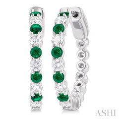 2.4 MM Round Shape Emerald and 5/8 Ctw Round Cut Diamond Precious Hoop Earring in 14K White Gold