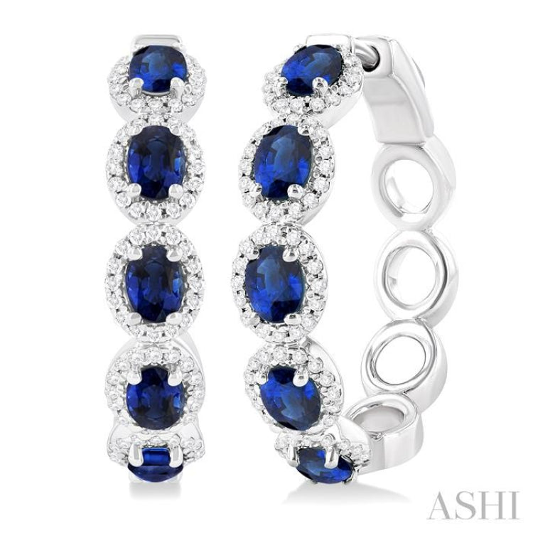 4X3 MM Oval Cut Sapphire and 1/2 Ctw Round Cut Diamond Halo Precious Hoop Earring in 14K White Gold