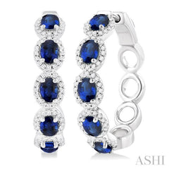 4X3 MM Oval Cut Sapphire and 1/2 Ctw Round Cut Diamond Halo Precious Hoop Earring in 14K White Gold