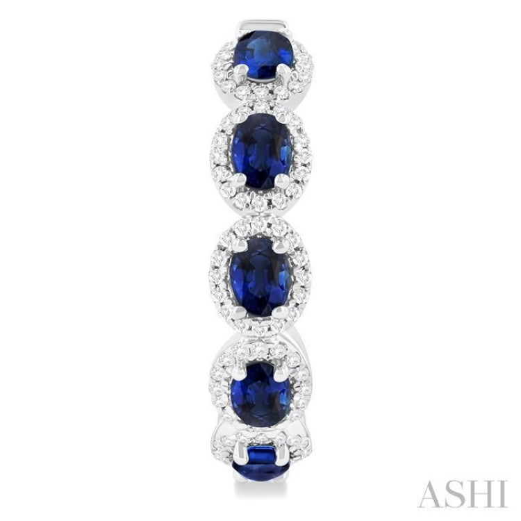 4X3 MM Oval Cut Sapphire and 1/2 Ctw Round Cut Diamond Halo Precious Hoop Earring in 14K White Gold
